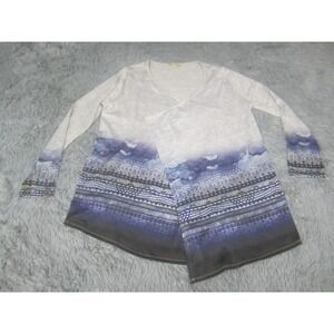 Energe Sweater Womens Large Blue Gray Tribal Print V Neck Tunic Top Long Sleeve